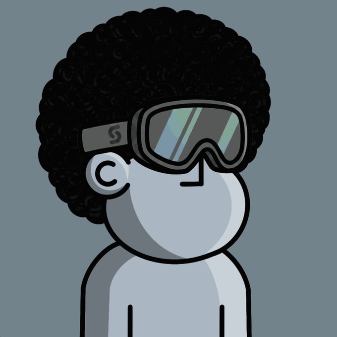 A cartoon avatar of a character with a large black afro and ski goggles on a gray background.