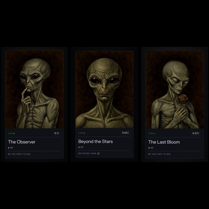 Three dark-themed NFT listing cards displayed side by side, featuring haunting portraits of gaunt, large-eyed alien beings—one holding a finger to its lips ("The Observer," 0.1Ξ), one facing forward ("Beyond the Stars," 0.02Ξ), and one clutching a rose ("The Last Bloom," 0.07Ξ)—each marked "LIVE," "1/1," and "BE THE FIRST TO BID," matching the artist's showcase of their available 1/1 pieces on Transient Labs.