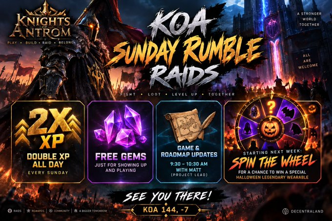 Promotional banner for 'Knights of Antrom' featuring 'KOA Sunday Rumble Raids' with rewards including 2x XP, free gems, roadmap updates, and a spin-the-wheel event for a Halloween legendary wearable.
