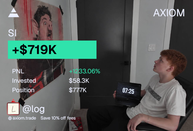A social media promotional post for AXIOM showing a young man holding a tablet displaying a timer, with overlay text indicating '+719K' PNL, '+1233.06%' returns, and '@log' with 'axiom.trade'.