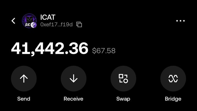 A cryptocurrency wallet interface showing an ICAT token balance of 41,442.36 valued at $67.58, with Send, Receive, Swap, and Bridge action buttons on a dark background.