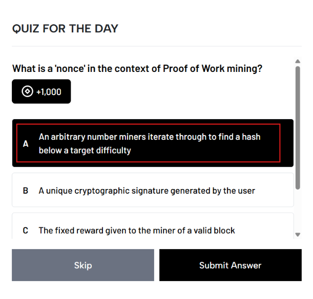 A screenshot of a "QUIZ FOR THE DAY" on beta.auralaunch.org worth +1,000 points asks "What is a 'nonce' in the context of Proof of Work mining?" with answer A ("An arbitrary number miners iterate through to find a hash below a target difficulty") highlighted as correct, along with Skip and Submit Answer buttons, illustrating the simple daily quiz task described in the post.