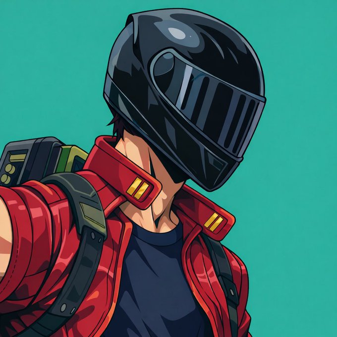 An anime-style character wearing a futuristic black full-face helmet with a tinted visor, a red jacket, and carrying a backpack, set against a teal background.