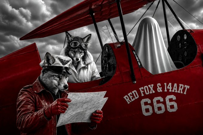 A stylized red and black illustration features two anthropomorphic foxes dressed as aviators examining a flight map next to a red biplane labeled "RED FOX & 14ART 666," with a sheet-draped ghost figure in the cockpit, perfectly complementing the "So amazing collaboration" theme by creatively merging the artists' fox and ghost motifs into a single shared scene.