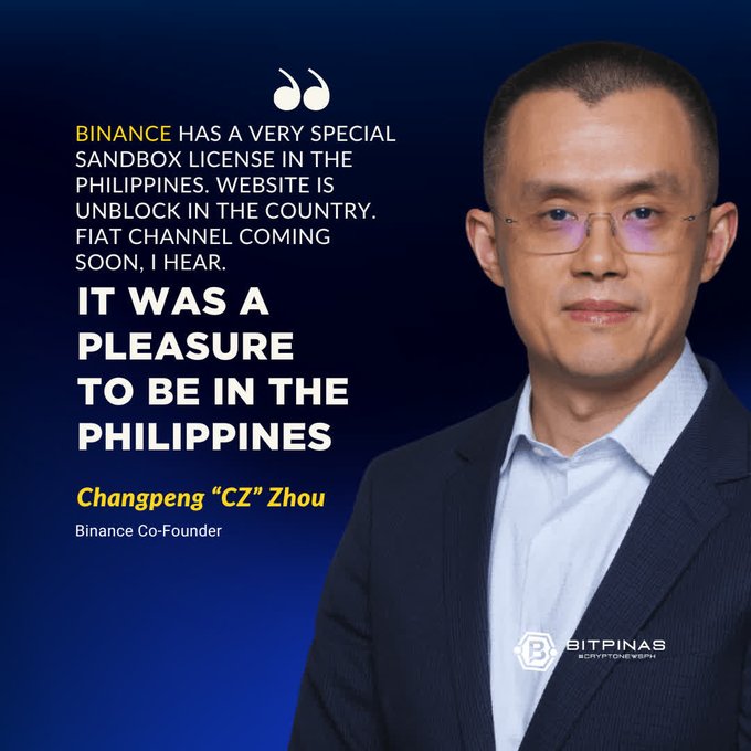 A BitPinas graphic featuring Binance Co-Founder Changpeng "CZ" Zhou with a quote about Binance having a special sandbox license in the Philippines.