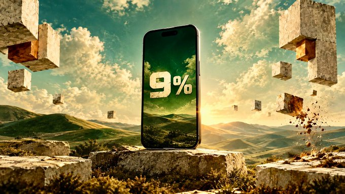 A stylized smartphone displaying "9%" stands on a stone pedestal in a surreal landscape with floating concrete blocks, promoting the $TERA (TeraWalletRH) token described in the post as a self-custodial wallet for real-world assets on the Robinhood chain.