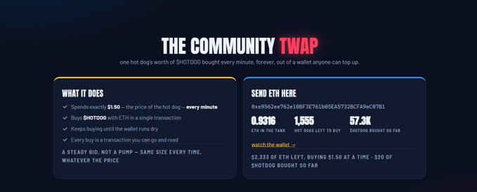 A website interface for 'THE COMMUNITY TWAP' - a crypto project that buys $1.50 of SHOTDOG every minute, showing the ETH wallet address and current stats (0.3316 ETH, 1,555 DOGS LEFT TO BUY, 57.3K SHOTDOGS BOUGHT).