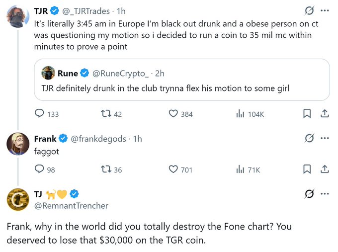 A Twitter/X thread showing TJR (@_TJRTrades) tweeting about being drunk at 3:45 AM and trading, with a reply from Rune (@RuneCrypto_), a comment from Frank (@frankdegods) saying 'faggot', and a reply from TJ (@RemnantTrencher) mentioning 'Fone' chart and 'TGR coin'.