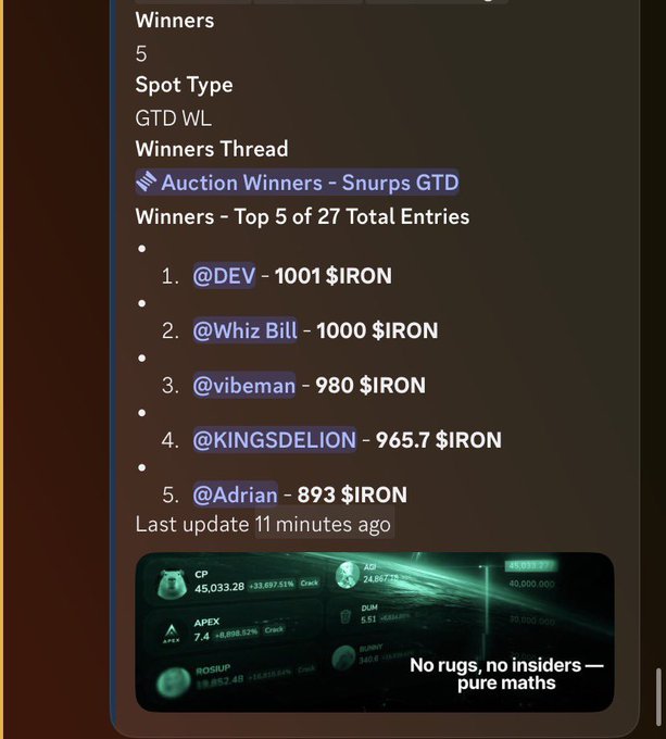 A Discord screenshot showing winners of an auction listing the top 5 winners including @DEV (1001 $IRON), @Whiz Bill (1000 $IRON), @vibeman (980 $IRON), @KINGSDELION (965.7 $IRON), and @Adrian (893 $IRON), tagged 'No rugs, no insiders — pure maths'.