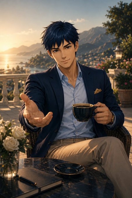 An anime-style illustration of a handsome dark-haired man in a navy blazer holding an espresso cup, sitting at an outdoor café overlooking a scenic coastal landscape at sunset.