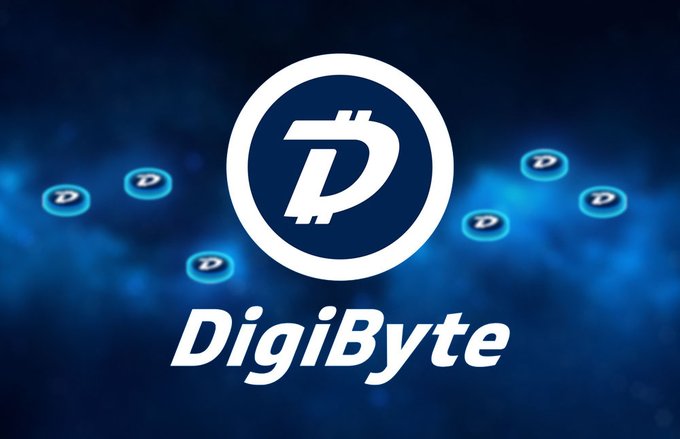 A logo for DigiByte cryptocurrency featuring a white stylized 'D' symbol in a circle with the name 'DigiByte' written below against a blue background with floating D icons.