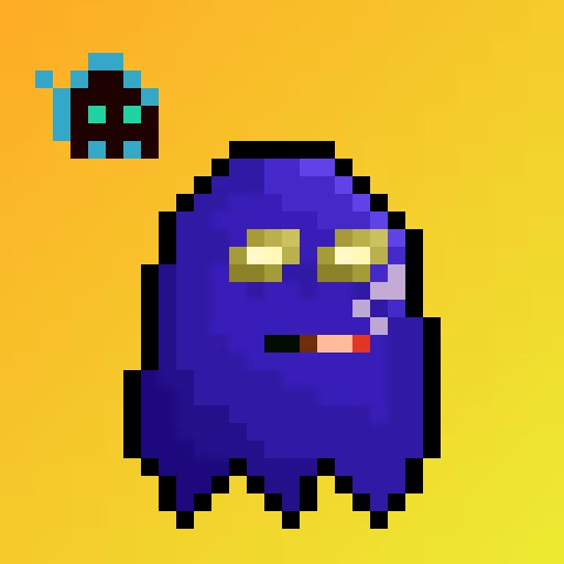 A pixel art ghost game character with yellow eyes and a small purple house-like object in the upper left, set against a yellow background.