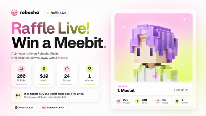 A promotional graphic for a Robacha 'Raffle Live' event to 'Win a Meebit,' featuring 200 tickets at $10 each, running for 24 hours with 1 winner, showcasing a 3D pixel-art character with purple hair.