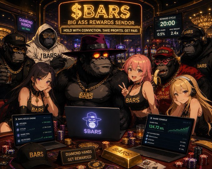 The image features a group of six cartoon characters, including two women and four men, gathered around a table with laptops and stacks of money. The characters are dressed in various outfits, suggesting they might be involved in some sort of gambling activity or casino game. One character is wearing a hat that reads "BARS", indicating their affiliation with the bar scene depicted in the image. The post also mentions that there's a $BARS reward for those who can solve the puzzle on the table, which adds an element of challenge and excitement to the scene.