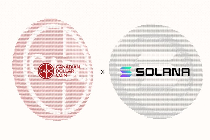 The image features two logos side by side with the text "Canada" written below them. The first logo is red and white, while the second one is gray and black. Below these logos are the words "CADC" and "Dollar", indicating that this is a promotional campaign for Canadian Dollar Coin (CADC). The text "@LoonFinance launches @Solana" suggests that there might be some connection between the two logos, possibly related to the launch of Solana, a cryptocurrency.