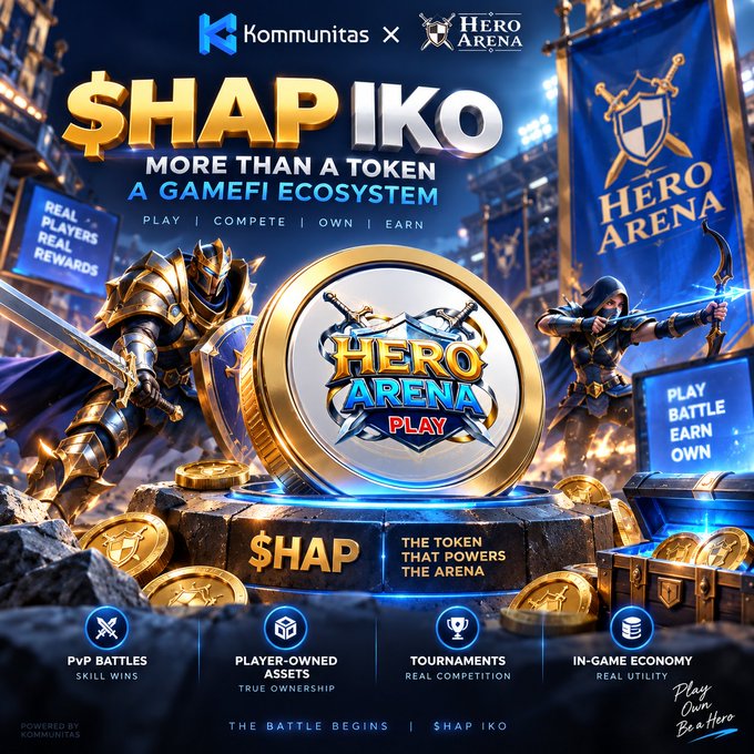 A promotional graphic for 'SHAPIKO' token by Kommunitas and Hero Arena, advertising a GameFi ecosystem with text 'More Than A Token' and 'Play, Compete, Own, Earn'.