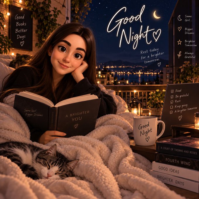A stylized, illustrative 'Good Night' scene featuring a girl reading 'A Brighter You' in a cozy, candlelit room with a sleeping cat, a Good Night mug, stacked books, and text like 'Rest today for a brighter tomorrow'.