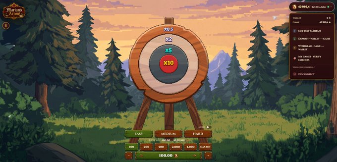 A pixel art target game interface for "Marian's Arrow" testnet is shown, featuring a wooden archery target with scoring zones (X0.5, X2, X5, X10) and difficulty options (Easy, Medium, Hard) with multipliers ranging from 100x to MAX BET at 100.00, alongside a wallet panel showing "40,995.6" testnet balance and options to "Get test Hbar," "Deposit," "Withdraw," and "View on Explorer." The screenshot illustrates the gameplay and wallet connection steps mentioned in the post about earning free rewards through Robinhood Chain testnet.