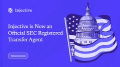 A purple graphic from Injective announcing that it is now an Official SEC Registered Transfer Agent, featuring an illustration of the U.S. Capitol building and American flag.