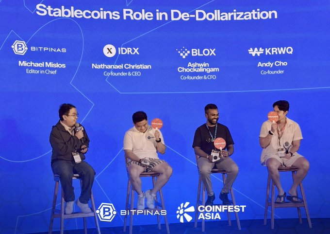 Four panelists sit on stage at CoinFest Asia discussing 'Stablecoins Role in De-Dollarization,' featuring Michael Mislos from BitPinas, Nathanael Christian from IDRX, Ashwin Chockalingam from BLOX, and Andy Cho from KRWQ.