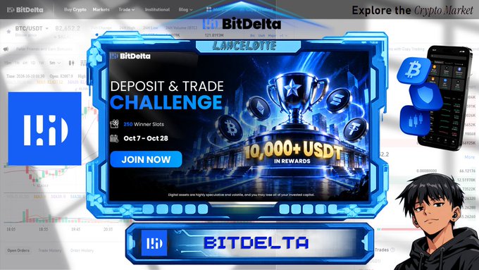 BitDelta cryptocurrency exchange promotional graphic advertising a 'Deposit & Trade Challenge' with 10,000+ USDT in rewards, 250 winner slots, running Oct 7 - Oct 28, featuring a mobile app and anime-style character.