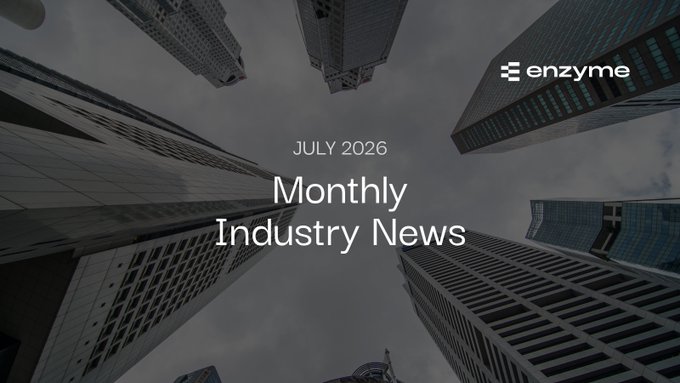 A header graphic with a low-angle view of skyscrapers against a cloudy sky, featuring the 'enzyme' logo and the text 'JULY 2026 Monthly Industry News.'