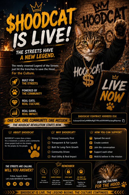 This image announces "$HOODCAT IS LIVE!" featuring a cat in a hoodie with a dollar sign necklace, embodying "The Streets Have A New Legend" and highlighting community-driven values. The image directly relates to the post by visually representing the "HOODCAT" movement that has "officially entered the trenches."