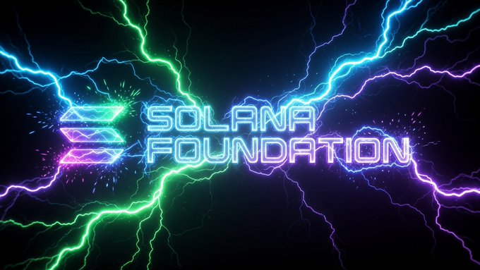 The image features a neon sign that says "Solana Foundation" written in blue, green, purple, and pink colors. The background of the image is black with bright lightning bolts scattered throughout. The text "BULLISH! Solana Foundation is the official Presenting Sponsor of the 2026 World Series of Poker, the first in 15 years!" is also present on the sign.