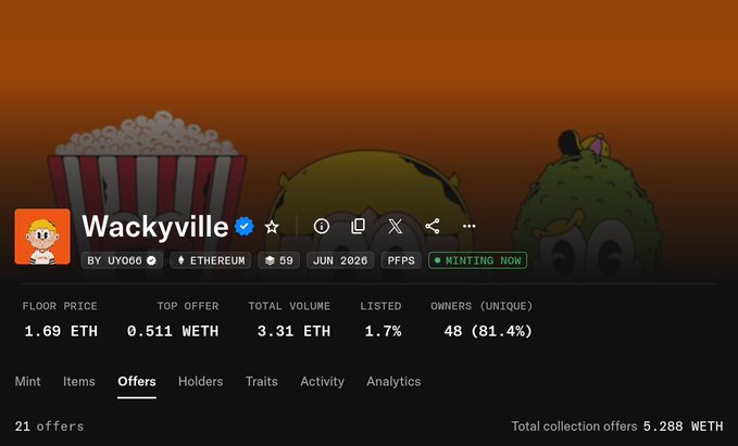 An NFT marketplace listing for 'Wackyville' by UYO66 on Ethereum, showing a floor price of 1.69 ETH, top offer of 0.511 WETH, total volume of 3.31 ETH, and 21 offers with 48 unique owners.