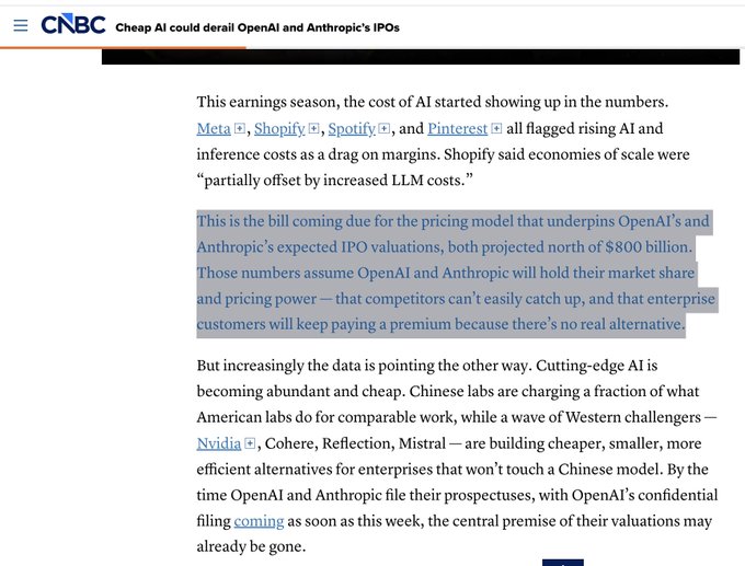 The image shows a screenshot from a webpage, which appears to be about investing in AI companies. The text on the screen reads "This is the bill coming due for the pricing model that underperforms OpenAI's and Antropics' projections of 8 billion US dollars." This statement suggests that there might be an issue with the projected revenue or cost analysis related to these AI companies, possibly affecting their stock prices.