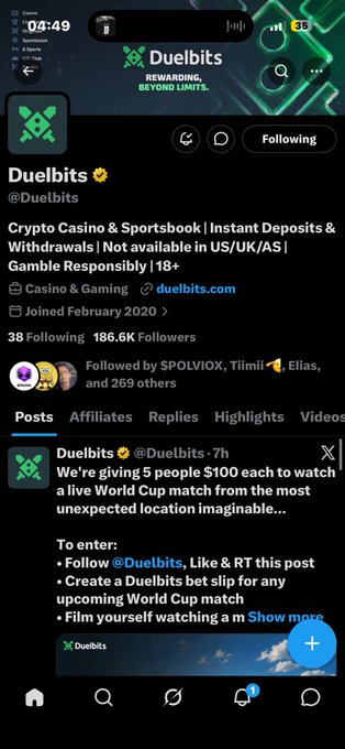 A Twitter/X profile screenshot of @Duelbits (@Duelbits), a Crypto Casino & Sportsbook, showing 186.6K followers and a promotional post giving 5 people $100 each to watch a live World Cup match.