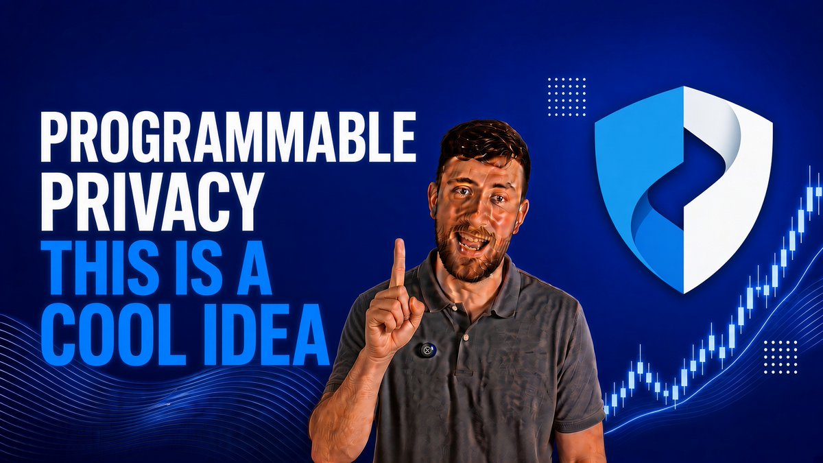A YouTube thumbnail featuring a man pointing upward with text reading 'PROGRAMMABLE PRIVACY THIS IS A COOL IDEA' next to a blue and white shield logo and a stock chart.