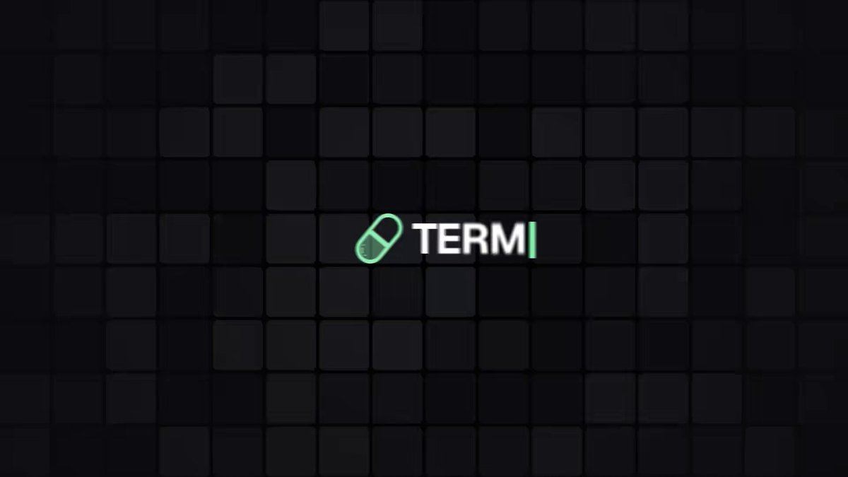 In the image, there's a square graphic composed of smaller squares arranged in four rows and two columns against a black background. The larger square features the term "TERM" written in white letters at the center. Below the main square, there is an additional square with the word "TERMINAL" in green letters. The positioning of these two squares within the larger square creates a grid-like appearance on the screen.