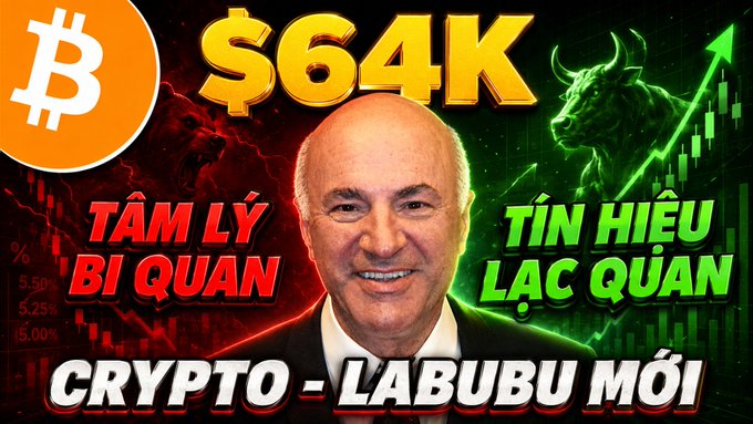 Thumbnail image for a crypto finance video featuring Kevin O'Leary, Bitcoin logo, a bull graphic with a green upward chart arrow, and Vietnamese text including 'TÂM LÝ BỊ QUAN' and 'CRYPTO - LABUBU MỚI'.