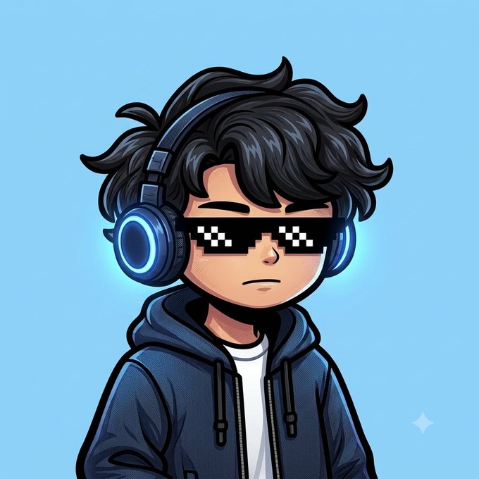 A cartoon-style illustration of a boy with messy black hair wearing pixelated 'deal with it' sunglasses and blue glowing headphones over a blue hoodie, set against a light blue background.