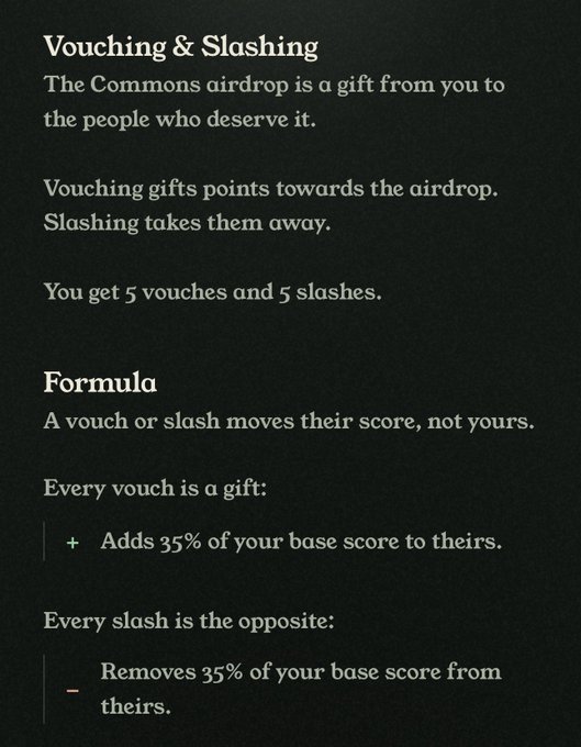 A dark-themed text graphic explains 'Vouching & Slashing' mechanics for the Commons airdrop, stating users get 5 vouches and 5 slashes, where vouches add and slashes remove 35% of base scores from recipients.