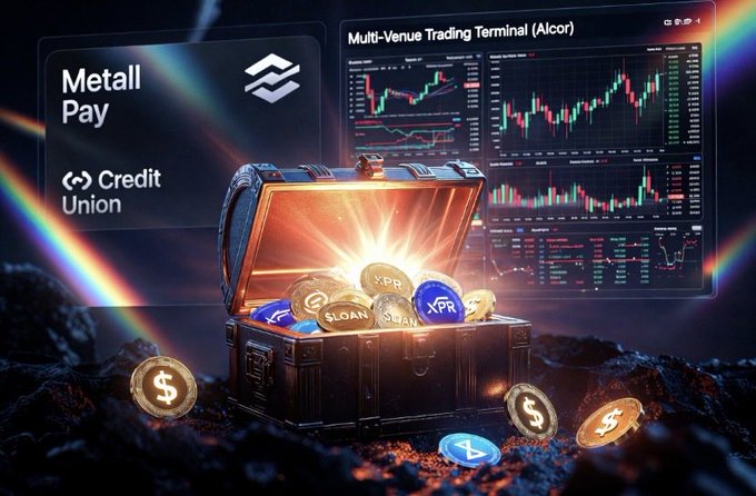 The image depicts a chest filled with coins featuring various symbols like gold, silver, and bronze. The chest has "Metallus" written across its surface. There are several types of coins inside the chest, including some rare ones that could be worth considerable amounts in today's market. In addition to the chest, there is a screen displaying a graph related to cryptocurrency trading, showing how the value of certain tokens or symbols change over time. The image seems to focus on the hidden gems of the $Metallicus/ XPR ecosystem and their real use cases, rather than solely emphasizing the main tokens with their market price fluctuations.