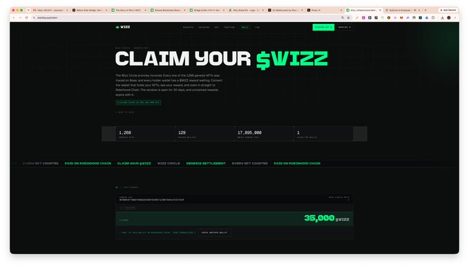 A screenshot of the Wizz NFT coin claim website displaying a 'CLAIM YOUR $WIZZ' headline, statistics including 17,095,000 WIZZ Supply and 120 Unclaimed Wallets, and a claim field showing a balance of 35,000 $WIZZ.