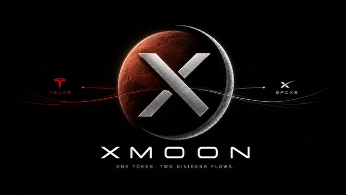 The image features a logo for a company called XMOON, which stands out against a black background with red and white colors. The logo consists of two circles connected by a line, with one circle representing Tesla and the other representing SpaceX. The text "XMOON" is written in white letters above the circles, indicating that this is the name of the company. The image also includes some text that reads "One token connects to two stock-backed flows. Space. Tesla. No burn. No staking. No complicated steps." This suggests that XMOON is focused on connecting people with Tesla and SpaceX in a simple and accessible way, without requiring any prior investment or complex financial knowledge.