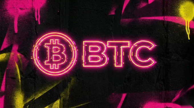 A neon sign displaying a Bitcoin logo alongside the text 'BTC' glows brightly in pink and yellow against a dark, graffiti-splattered wall.