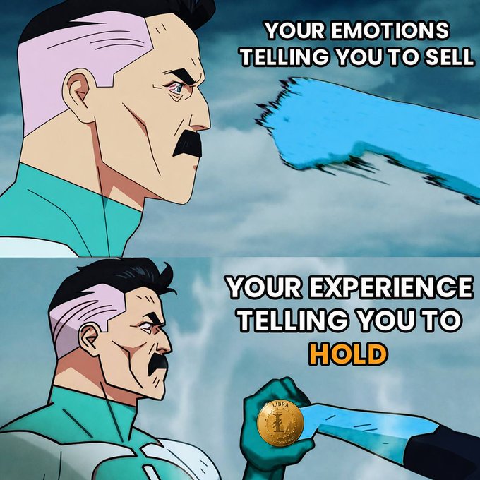 A two-panel Invincible meme featuring the character where a blue hand urges him to sell, but he holds a Libra coin and chooses to hold based on experience.