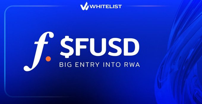 The image features a blue banner with white text that reads "f$fUSD" and "Big Entry Into RWA", along with an orange "F" logo. The background of the image has a gradient effect, transitioning from light blue at the top to dark blue in the middle. The text on the banner is related to a new stablecoin called "f$fUSD". The caption below the image provides context about the coin and its purpose: "Falcon Finance's big institutional move $fUSD is launching $fUSD. This is not just another stablecoin, but a regulated institutional dollar built around the new GENIUS Act framework."