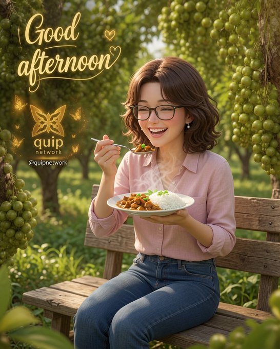 An illustration of a smiling young woman with glasses and a pink shirt sitting on a wooden bench in a lush green setting, eating a meal from a white bowl. Text reads 'Good afternoon' and includes a butterfly logo for 'quip network @quipnetwork'.