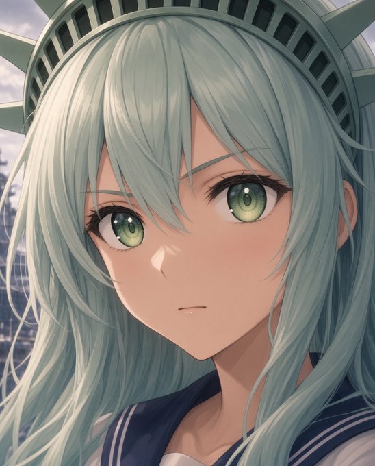 A close-up anime portrait of a teal-haired girl with green eyes wearing a Statue of Liberty crown, paired with a bullish crypto post declaring "GM GM" and expressing long-term confidence in the ETH/BTC ratio as an altcoin strength indicator.