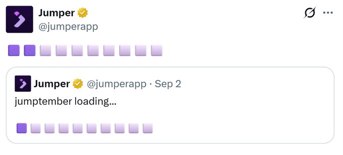 A tweet from Jumper (@jumperapp) posted on Sep 2 reading 'jump tember loading...' featuring purple gradient block graphics.