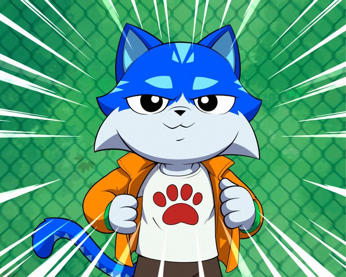 A cartoon illustration of a blue and grey cat character with blue stripes wearing an orange jacket and a white t-shirt with a red paw print, standing against a green chain-link fence background with white action lines.