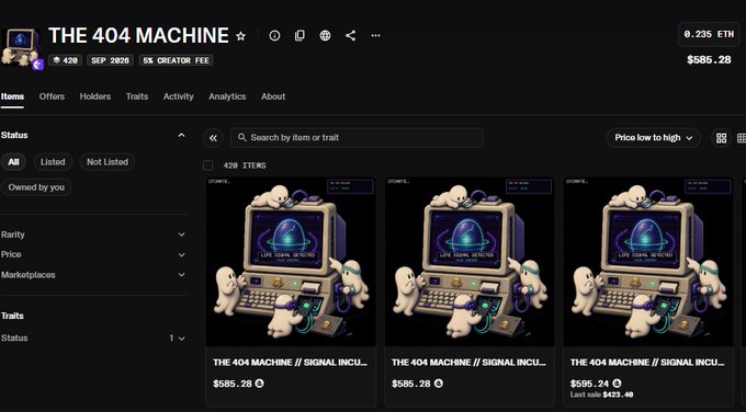 The image shows an NFT collection page on a marketplace titled "THE 404 MACHINE" with item number 428, created in September 2026, featuring a 5% creator fee and a floor price of 0.235 ETH ($585.28), displaying three identical pixel-art items of a vintage computer with "LIVE SIGNAL RECEIVED" on the screen. The accompanying post celebrates the creator "otomate_trade" for being an early believer, noting the mint price appreciation from $100 to $585 and promoting an open whitelist application at otomate.fun, directly referencing this collection's significant price growth shown in the marketplace listing.