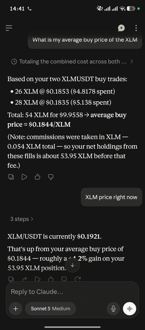 A smartphone screenshot of a chat with Claude showing an analysis of two XLM trades, calculating an average buy price of $0.1844 per XLM and a current price of $0.1921.