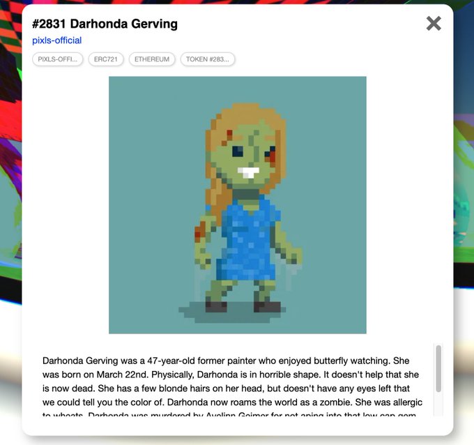 A pixel art NFT listing titled '#2831 Darhonda Gerving' on 'pixls-official' shows a green-skinned zombie character, with text describing her as a 47-year-old former painter allergic to wheat.