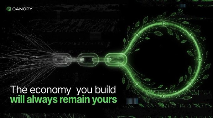 A dark promotional graphic with a glowing green circular wreath design connected by a chain, branded 'CANOPY' with the tagline 'The economy you build will always remain yours.'